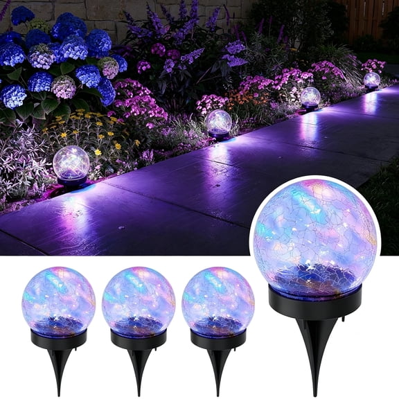 HIBIBUD 4 Pack Multicolor Solar Powered Cracked Glass Ball Lights Outdoor Waterproof Led Rgb Ambiance Orbs Lamps for Outside Garden, Patio, Table, Walkway, Stairs, Lawn, Landscape Decor