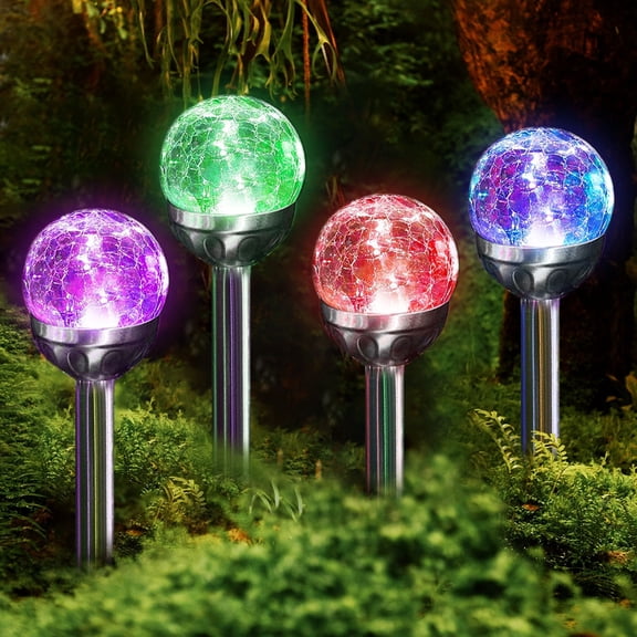 HIBIBUD 4 Pack Outdoor Solar Lights, Cracked Glass Ball Solar Garden Lights, Decorative Led Landscape Light for Patio Pathway Decor, Multicolor