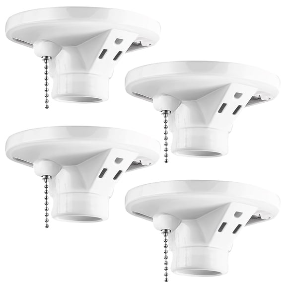 HIBIBUD 4 Pack Porcelain Light Socket with Outlet and Pull Chain|White Light Fixture,Grounded Receptacle,Ceiling Box Mount,E27/E26 Base,Bulb Socket for Indoor Garage Closet Lighting
