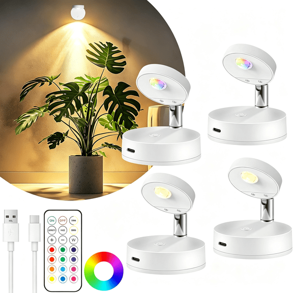 HIBIBUD 4 Pack Rechargeable Led Spotlight for Indoor,Wireless Rgb Battery Operated Spot Light with Remote,Magnetic Picture Lamp with Rotatable Head,Ceiling Uplight Puck Lights