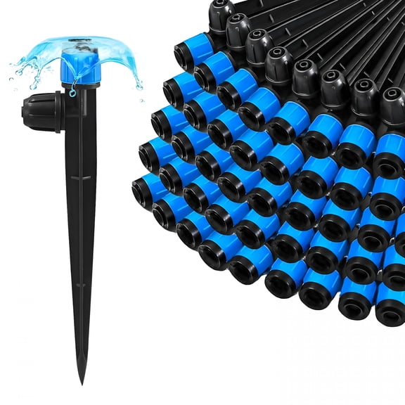 HIBIBUD 55 Pieces Drip Irrigation Emitters Vortex for 1/4" Tubing, Adjustable 360 Degree Water Flow Irrigation Fan Shape Spray Emitter On 5" Stake for Garden Watering System