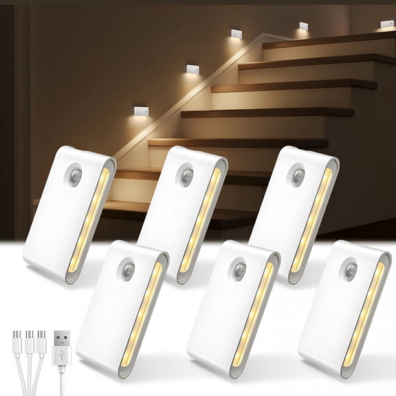 HIBIBUD 6 Pack Motion Sensor Night Lights,Sync LED Stair Lights Indoor,1500mAh Rechargeable,Magnetic & Dimmable,3000K Soft White,Portable Nightlight for Hallway,Stairs,Bathroom,Bedroom