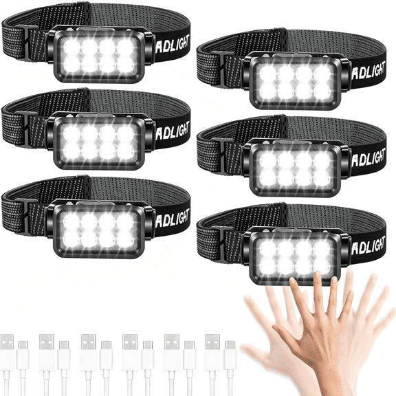 HIBIBUD 6 Pack Rechargeable Headlamp,Super Bright Led Head Flashlight with Motion Sensor,Ipx6 Waterproof Headlight for Camping,Fishing,Running,Hunting,Hands Free Head Lamp for Adults,Team Work