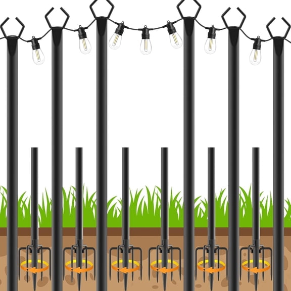 HIBIBUD 6 Pack String Light Poles,Outdoor String Light Pole 10 Ft Forked Metal Light Pole with Adjustable Outdoor Light Stand,Deck,Backyard,Garden,Wedding,Rustproof and Sturdy with Hooks.