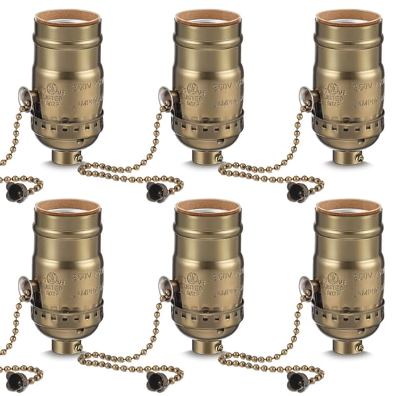 HIBIBUD 6 Pcs Pull Chain Lamp Socket Replacement,E26 Standard Threaded Base,Light Socket with Pull Chain,Lamp Parts for Repair (Antique Brass)