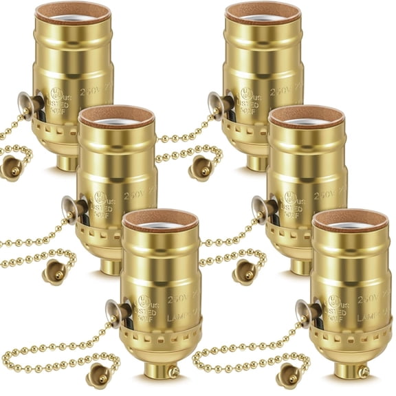 HIBIBUD 6 Pcs Pull Chain Lamp Socket Replacement,E26 Standard Threaded Base,Light Socket with Pull Chain,Lamp Parts for Repair(Gold)