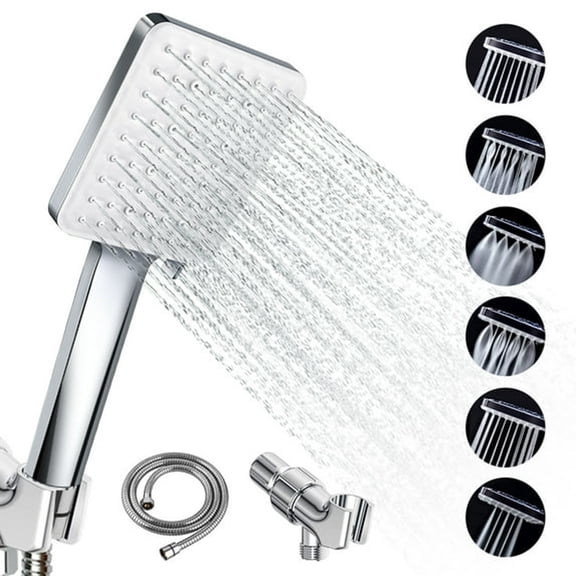 HIBIBUD 6 Setting Handheld Shower Head,High Pressure Shower Head with 59" Hose and Bracket,Square Shower Head with Adjustable Shower Stand,Spray Nozzle Shower,Silver
