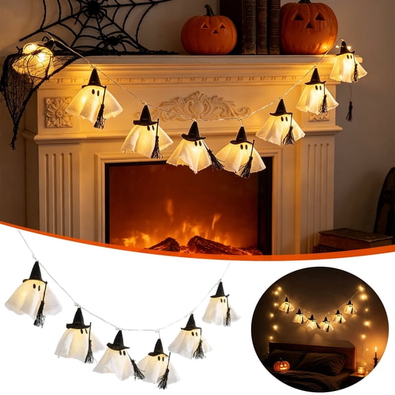 HIBIBUD 6Ft Led Witch Ghost String Garland with 6 Light-Up Ghosts,Battery Operated Halloween Decorations for Indoor Outdoor Mantel Fireplace Porch Haunted House Party