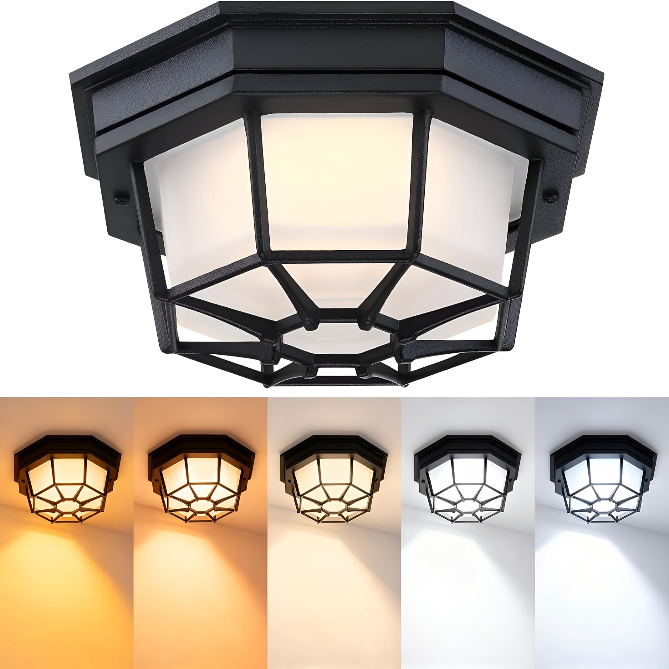 HIBIBUD 8.5” Black Flush Mount Led Ceiling Light 2700K 3000K 3500K 4000K 5000K Octagonal Outdoor Porch Lights Outside Ceiling Light for Patio,Aluminum Alloy and Glass,14W,120V,750Lm-1000Lm
