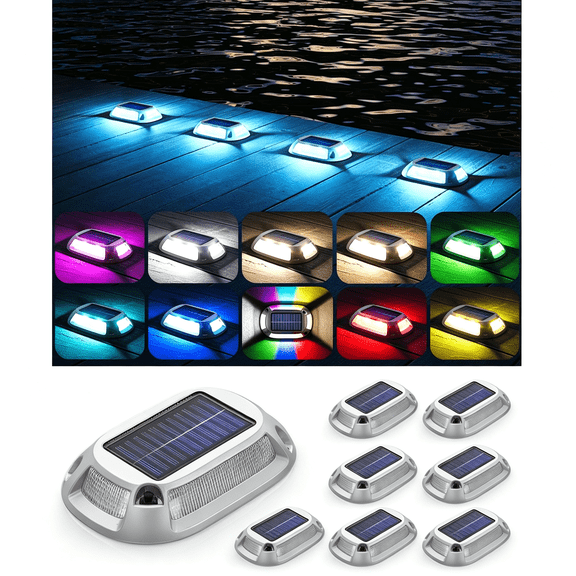 HIBIBUD 8 Pack Aluminum Alloy Solar Driveway Lights,Ip68 Waterproof Solar Dock Lights,Multi-Color Led Deck Markers with 12 Modes for Walkway Path Yard