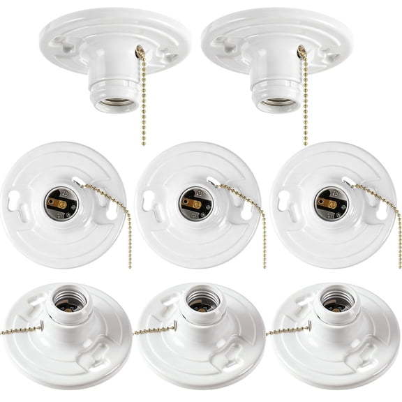 HIBIBUD 8 Pcs E26 Keyless Lamp Holder with Pull Chain,660W Medium Base Ceiling Light Socket,White Phenolic Resin Fixture for Led&Incandescent Bulbs