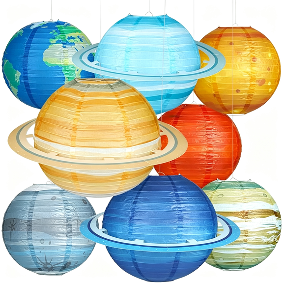 HIBIBUD 8 Pcs Planet Paper Lanterns,12 Inch Outer Space Party Decorations,Solar System Hanging Planets Lantern for Kids Space Theme Party Birthday Room Decorations