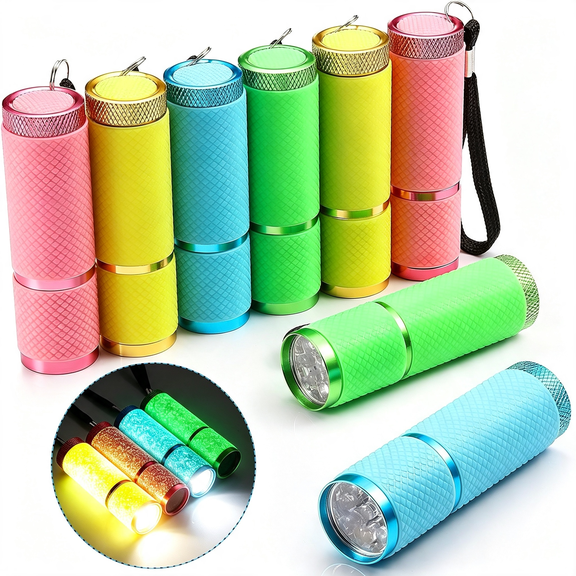 HIBIBUD 8 Pieces Glow in Dark Flashlights Set, 9 Led Mini Flashlights Rubber Coated with Handle, Led Fluorescent Aluminum Portable Flashlight for Parties, Hiking, Camping, 4 Colors