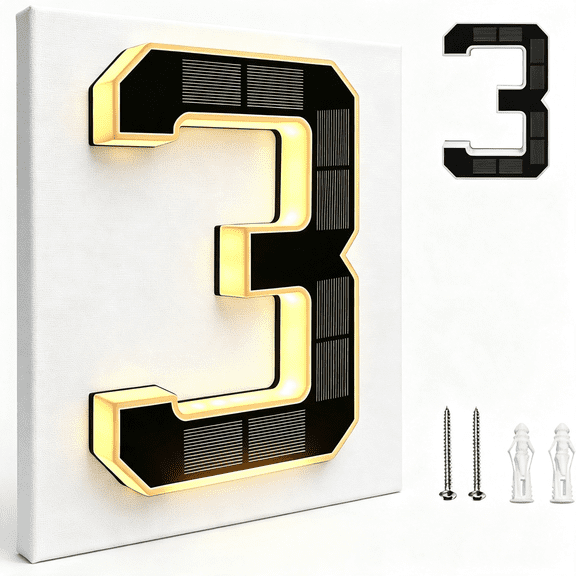 HIBIBUD 9" Solar Powered House Numbers for Outside Light Up Address Sign|Solar Power House Numbers,Light Up Address Numbers Waterproof Led Illumination Backlit Modern Home Sign(Black-3,9" )