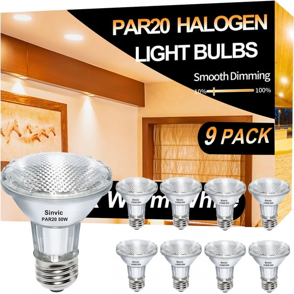 HIBIBUD 9PCS Par20 Halogen 50W 120V Dimmable,Long Lifespan E26 Par20 Light Bulb with 3000K Warm White for Indoor/Outdoor