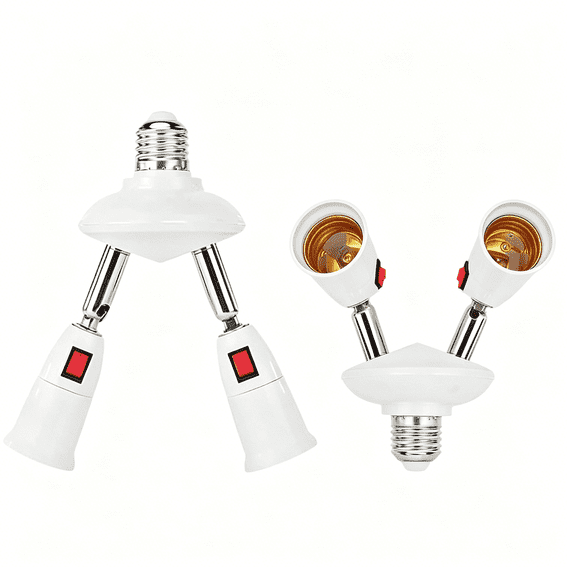 HIBIBUD Adjustable Light Socket Extender [2-Pack],360 Rotation & 180 Bendable Arm,E26 Light Bulb Socket Splitter for Hard-To-Reach Areas,Multi-Light Adapter for Garage,Basement,Corner Lighting