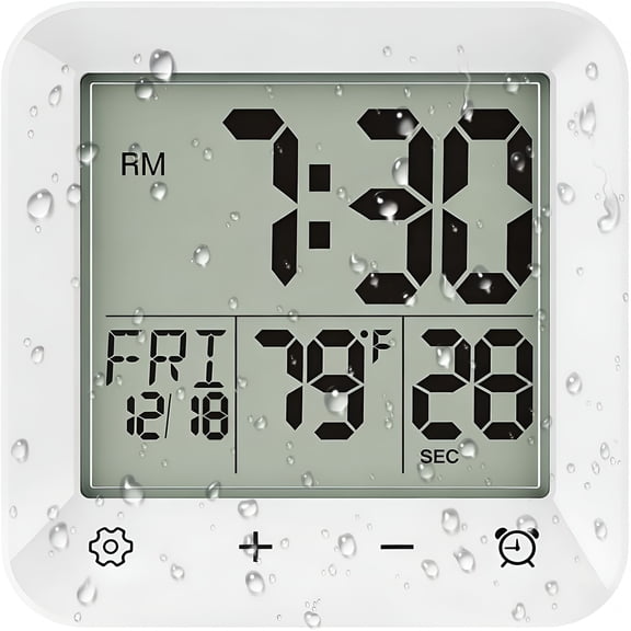 HIBIBUD Bathroom Clock Waterproof Shower Timer,Digital Wall Clock with Countdown,Touch Screen,LCD Display,Temperature,Suction Cup/Hanging Hole/Stand,Spa Sauna,Kids and Adults I White