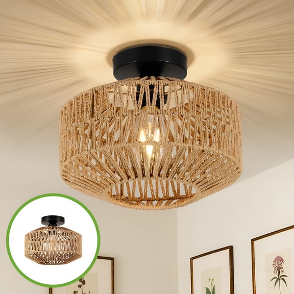 HIBIBUD Boho Ceiling Light,Vintage Rattan Semi Flush Mount Ceiling Light Fixture,Hand Woven Chandelier for Hallway,Bedroom,Kitchen,Living Room,Entryway (1PCS)