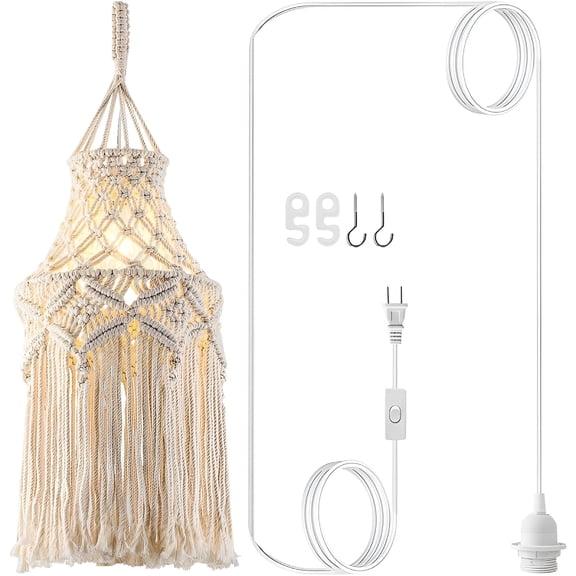 HIBIBUD Boho Plug in Pendant Light, Macrame Lamp Shade with Cord and On/Off Switch, Handmade Cotton Hanging Ceiling Fixture for Bedroom Living Room Decor