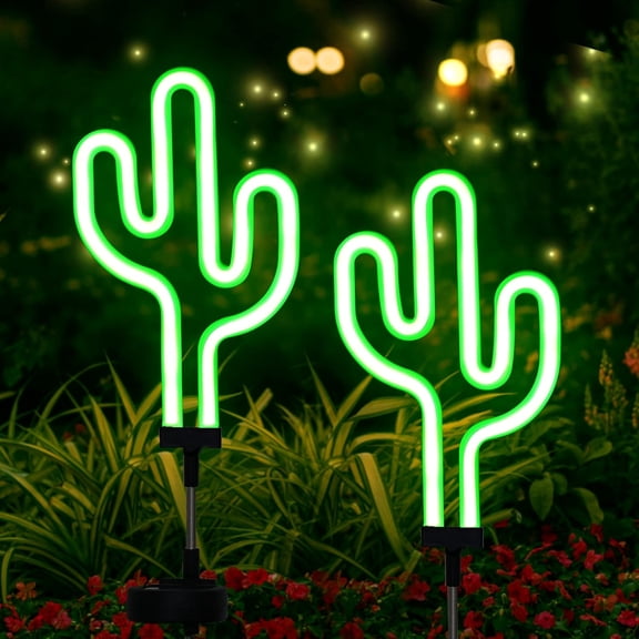 HIBIBUD Cactus Solar Garden Stake Lights - Outdoor Waterproof Neon Lights for Garden, Yard, Lawn, Pathway, Patio, Backyard Waterproof Cactus (2 Pack)