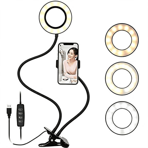 HIBIBUD Clip on Light Reading Lights with Cell Phone Holder,Eye Protection Kids Desk Lamp, 360  Flexible Gooseneck Selfie Ring Light,Led Makeup Mirror Lights (Selfie Ring Light with Cell Phone)