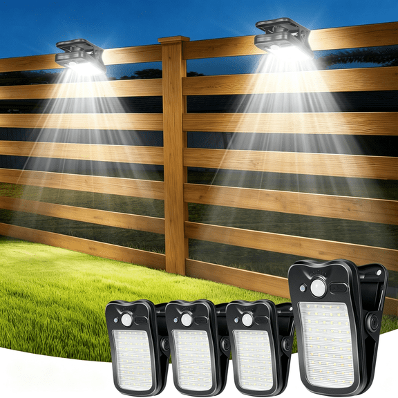 HIBIBUD Clip on Solar Lights Outdoor,3 Modes Solar Motion Sensor Lights Outdoor,60Leds 500Lm Solar Powered Security Lights for Fence,Deck,Garage,Camping,Usb Charging,4 Black