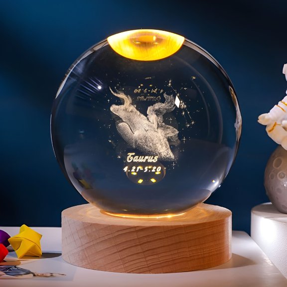 HIBIBUD Crystal Ball Led Night Light with Usb Powered Base Twelve Constellations Lamp Night Light Desktop Decoration Birthday Gifts (Taurus)