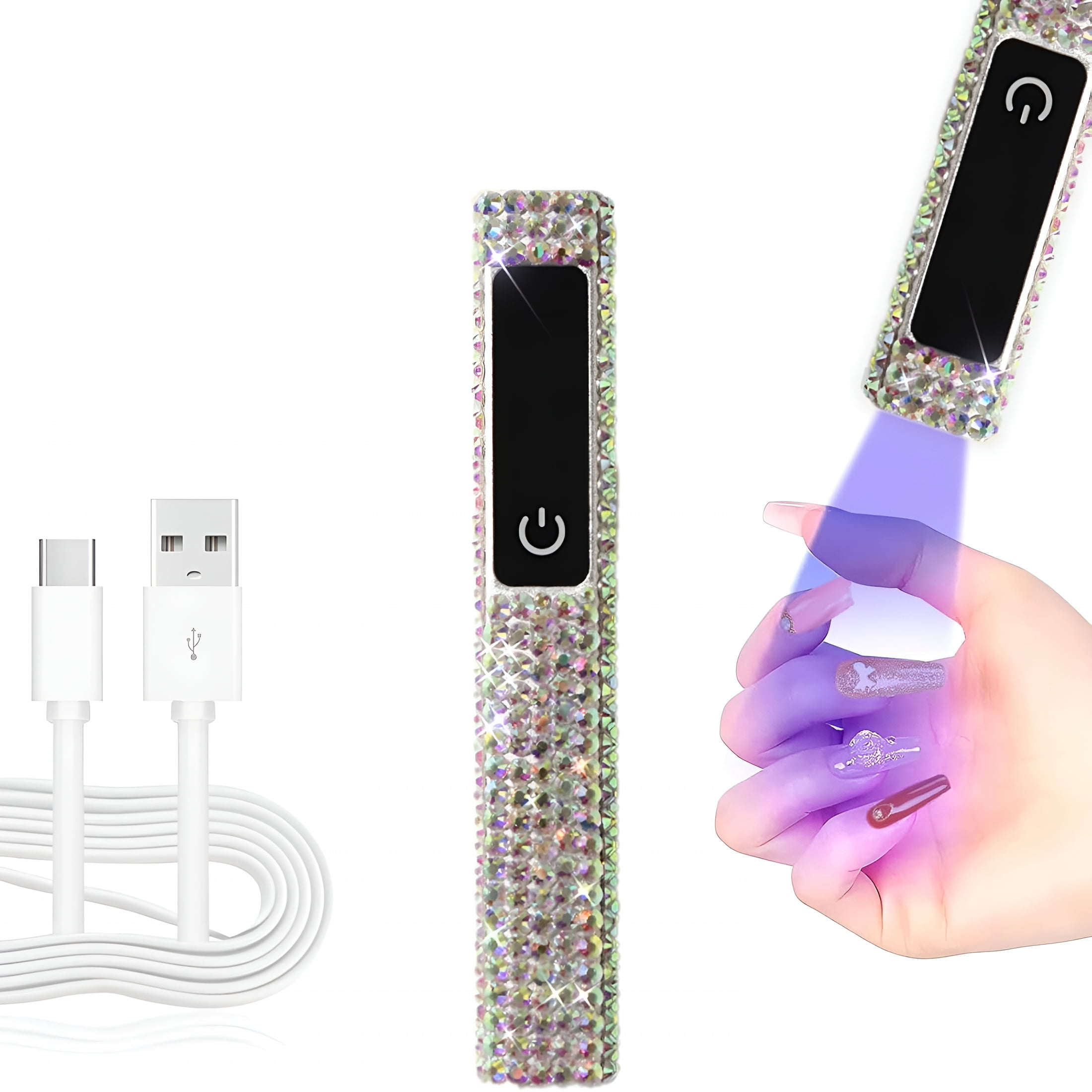 HIBIBUD Crystal Rhinestone Uv Nail Lamp,Artificial Bling Handheld Uv Light for Nails,Portable Mini Nail Light with 2 Timer And Led Display,Rechargeable Usb Nail Dryer for Fast Curing Gel Polish