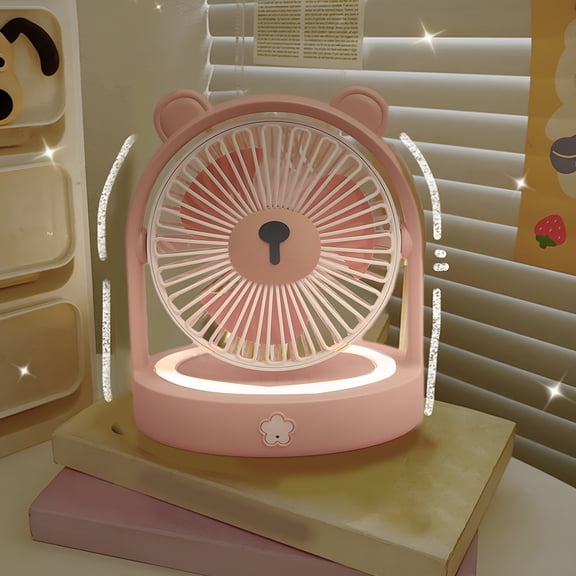 HIBIBUD Cute Bear Desk Fan for Girls Dorm - 3 Speed,Strong Wind,Night Light,Portable&Quiet Small Fan with USB Charger for Students,3 Colors Pink
