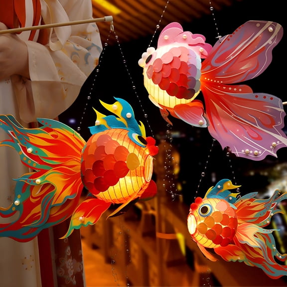 HIBIBUD DIY Goldfish Lantern Kit, Traditional Chinese Paper Craft with LED Light, Felt Pom Pom Decor for Mid-Autumn, Spring Festival, and Kids Activities