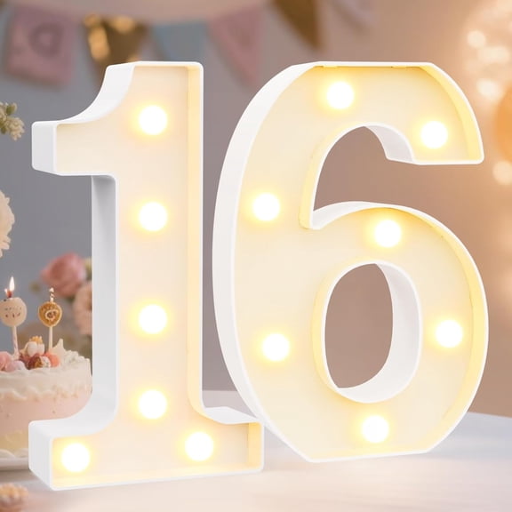 HIBIBUD Decorative Led Light Up Number Letters, White Plastic Marquee Number Lights Sign 16Th Birthday Decorations for Girls Boys Party Wedding Decor Battery Operated Number (16)