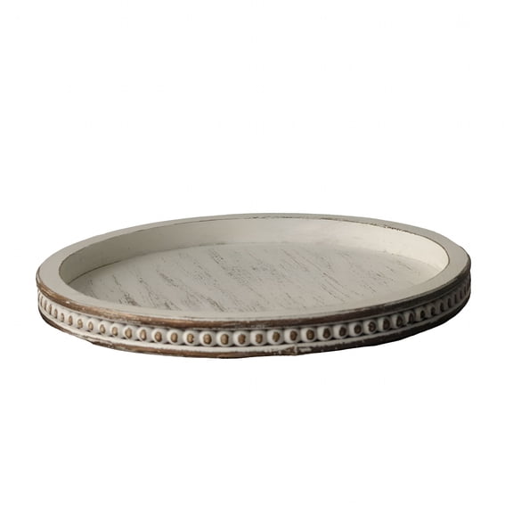 HIBIBUD Decorative Serving Tray Wood: White Washed Bead Round Tray Decor for Coffee Table Rustic Wooden Trays Farmhouse Centerpiece for Living Room Kitchen Counter