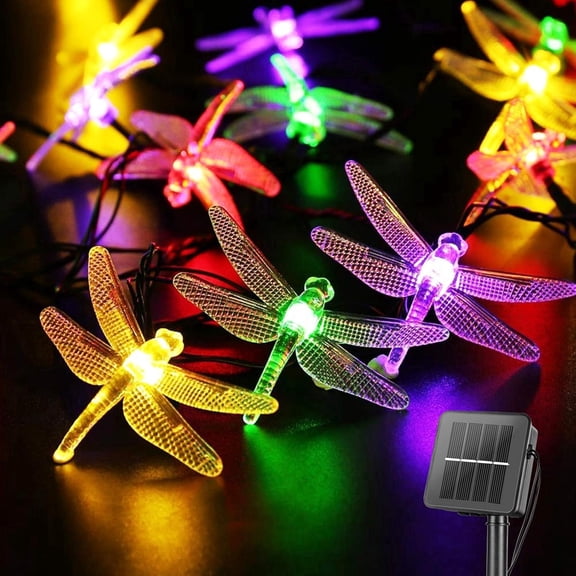 HIBIBUD Dragonfly Solar String Lights Outdoor 25.6Ft 30 Led Waterproof Solar Powered Fairy Lights, 8 Modes Decorative Lights for Patio Garden Yard Fence Wedding Christmas Party, Multicolor