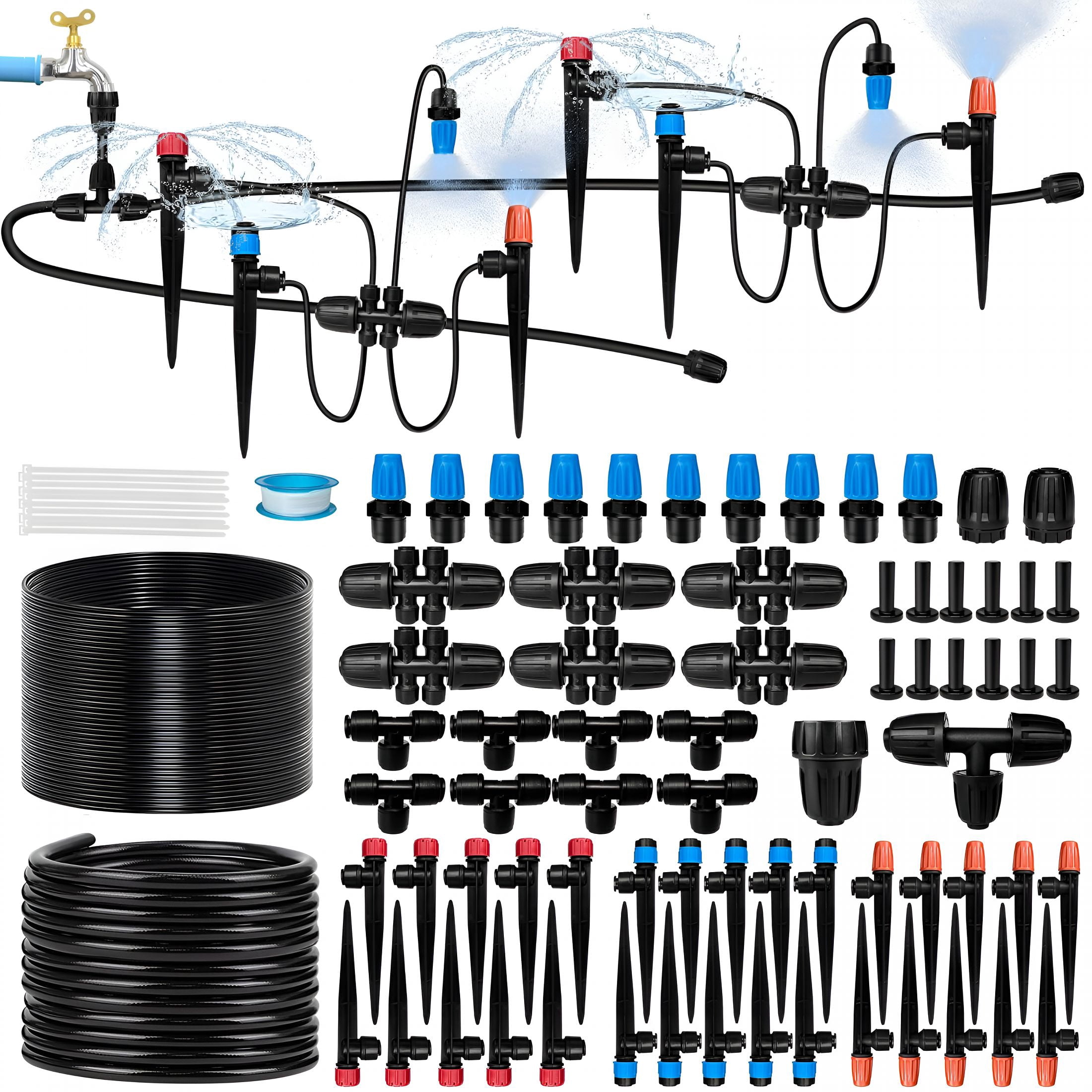 HIBIBUD Drip Irrigation System for Garden with 40 Nozzles&Emitters,Garden Watering System with Tube and Barbed Fittings-Adjustable Sprinklers Kit