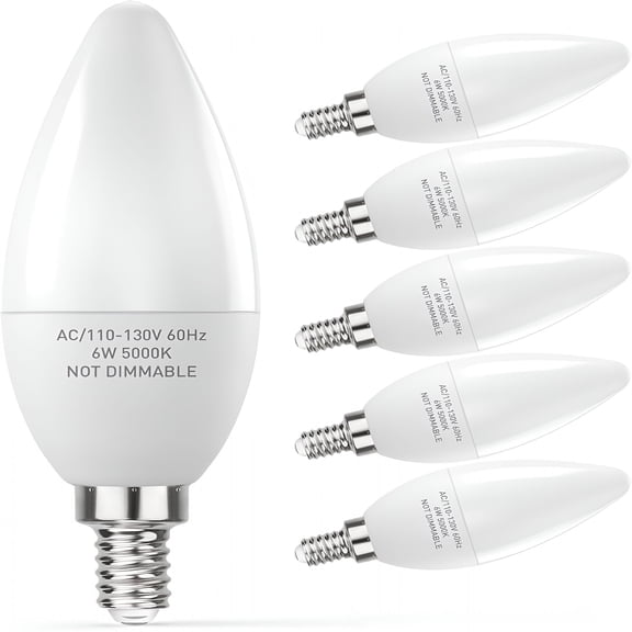 HIBIBUD E12 Base Led Light Bulbs B11 Candelabra Bulbs 60W Equivalent,Non Dimmable 6W Led Bright Candle Small Base Chandelier Bulb 600 Lumen,5000K Cold White for Ceiling Fan,Pack of 6