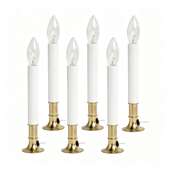 HIBIBUD Electric Window Candle Lamp with Brass Plated Base, Dusk to Dawn Sensor Turns Candle on in Dark and Off in Light, Ready to Use! | 6 Pack Dusk to Dawn Sensor Brass Plated Electric Candles