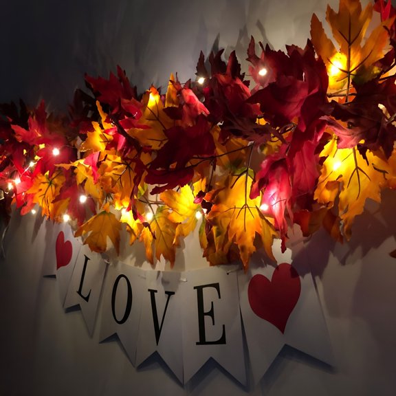 HIBIBUD Fall Maple Leaf Garland Decor with Lights Fall Decorations for Home,6.5Ft LED Enlarged Maple Leaves Fall Lights Battery Operated Autumn Harvest Halloween Thanksgiving Decor Indoor Outdoor