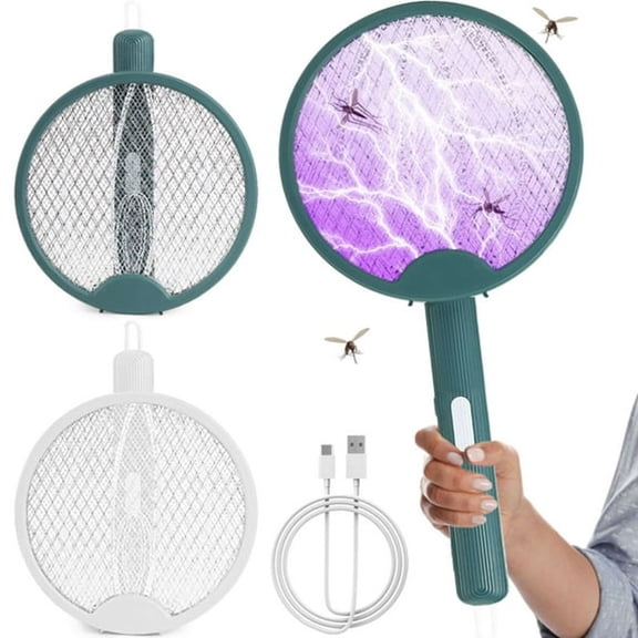 HIBIBUD Foldable Electric Fly Swatter 3000V Portable 2 in 1 Bug Zapper Racket Fly Killer Mosquitoes Trap Lamp USB Rechargeable for Indoor and Outdoor Use (White)