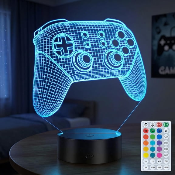 HIBIBUD Gamepad 3D Illusion Lamp, Gamer Gift for Boys Men | Controllers 16 Colors Led Dimmable Timer Night Lights, for Birthday Xmas Teenagers Funny Stuff Room Decor