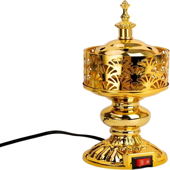 HIBIBUD Golden Electric Incense Burner,Arabian Style Electric Incense Holder,Middle Eastern Tabletop Decorative Censer for Yoga Spa Home Office Christian Church Decor,Us Plug (Gold)