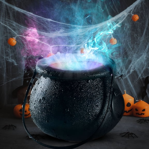 HIBIBUD Halloween Mist Maker Fogger,4.3*3.3" Witch Cauldron Kettle with Handle 12 LED Lights Fog Machine Atomizer Mini Mister Punch Bowl Plastic Cauldron Pot for Holidays Outdoor Parties Decorations