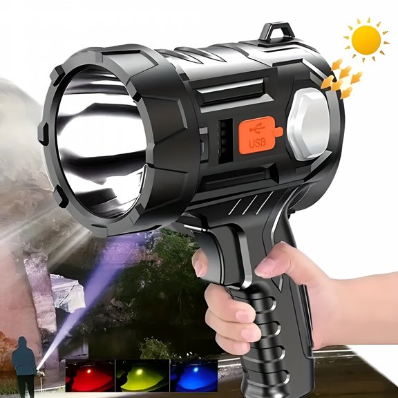 HIBIBUD Handheld Spotlight Flashlight with Solar Charging, 300000 Lumens LED Searchlight, IPX4 Waterproof Heavy Duty Torch for Camping, Hiking, Emergency, Night Fishing and Power Outages