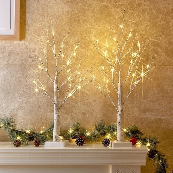 HIBIBUD Home Decor, 2Ft Birch Tree with Led Lights, Warm White Light Up Tree Lamp, Artificial Trees for Home Table Inside, Battery Powered, Timer Warm White Lighted Trees for Indoor Decor (2Pk)