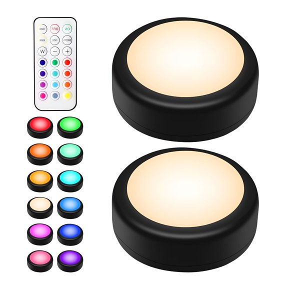 HIBIBUD LED Puck Lights with Remote, RGB 13 Color Changing Under Cabinet Lighting, Battery Operated Wireless Night Lights with Dimmer and Timer for Closet, Kitchen, Wall