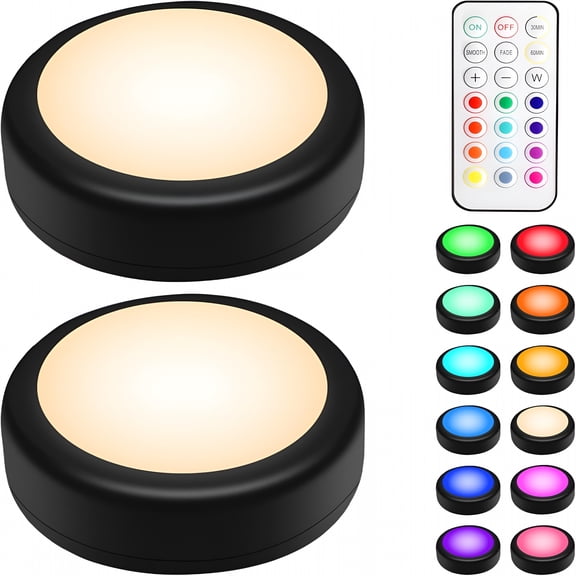 HIBIBUD LED Puck Lights with Remote,RGB 13 Color Changing Under Cabinet Lighting Wireless,AA Battery Operated,Tap,Touch,Push Stick on Lights for Closet,Kitchen,Night,Dimmer & Timer,Black,2 Pack