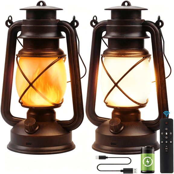 HIBIBUD Lantern Led Battery Powered Camping Lamp Outdoor Hanging Rechargeable Lantern Flickering Flame Retro Lanterns Remote Control 4 Modes Light Non-Solar 2 Pack