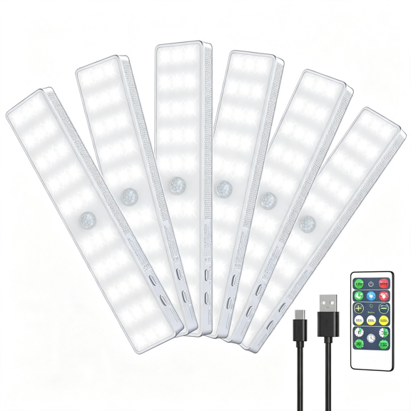 HIBIBUD Led Closet Light, 6 Pcs 30Leds Dimmer Rechargeable Motion Sensor under Cabinet Lighting, Stick-Anywhere Night Safe Light Bar for Wardrobe, Kitchen (Without Charge Station)
