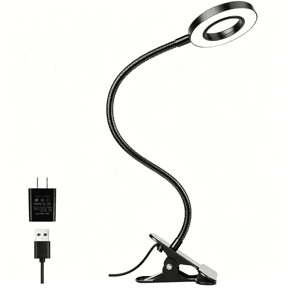 HIBIBUD Led Desk Clip on Lamp for Reading Home Office, with 5V 2A Adapter, 10 Dimmable Brightness 3 Modes, Reading Lights for Books in Bed for Bed Headboard, Craft, Computer