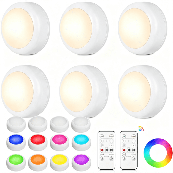HIBIBUD Led Puck Lights with Remote Control16 Color Changing under Cabinet Lighting with Dimmer&Timeraaa Battery Operated,Under for Closet Bedroom Kitchenstair (6 Pack White)