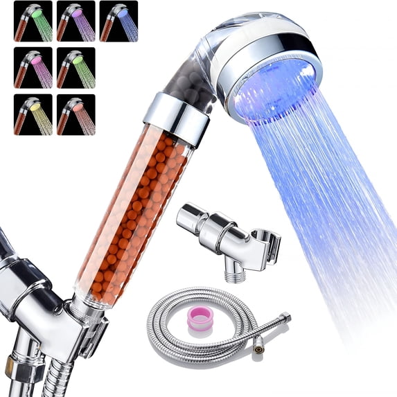 HIBIBUD Led Shower Head Set With Light,Handheld Showerhead with Hose and Base for Dry Skin&Hair,High Pressure Shower Heads With Filters-7 Colors Change Cyclically